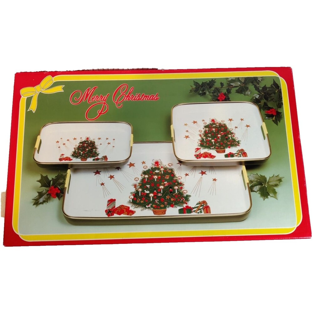 Vintage Asahi Trading Co 3 Piece Lacquerware Tray Set Merry Christmas Made Japan